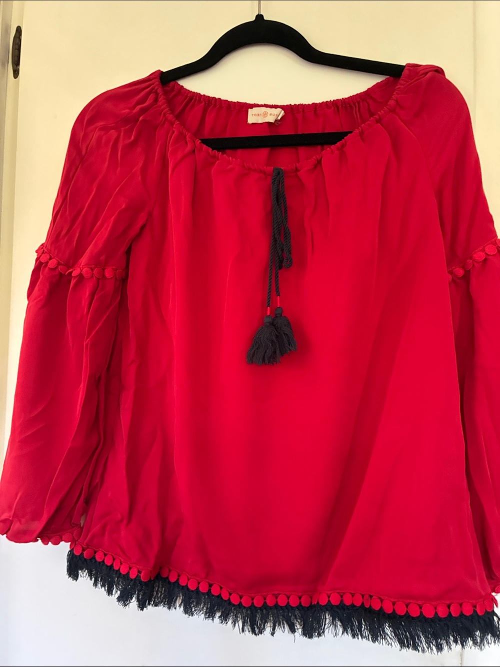 Tory Burch Red Peasant Silk Blouse with Navy Tassels and Fringe, Sz0-4